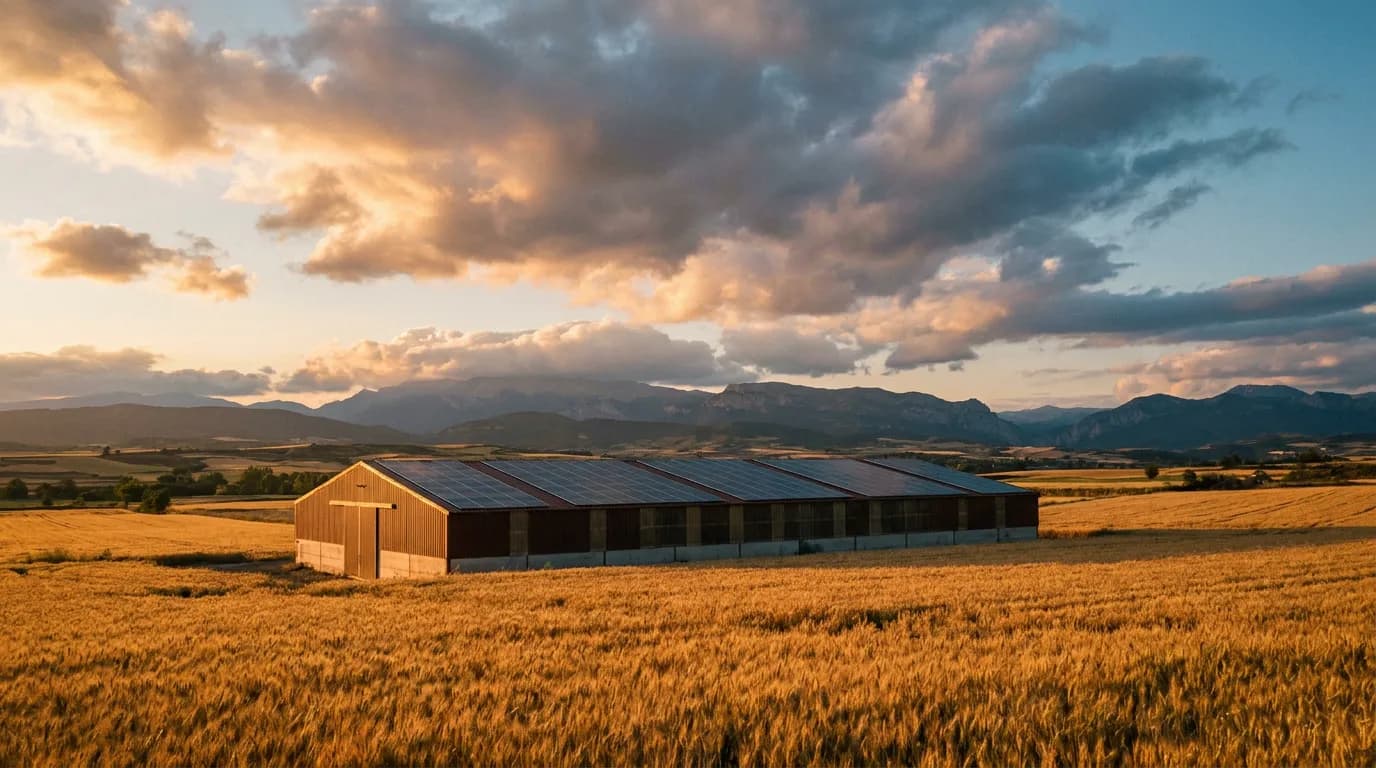 Nave agrícola con placas solares entre campos de cereal en Aragón